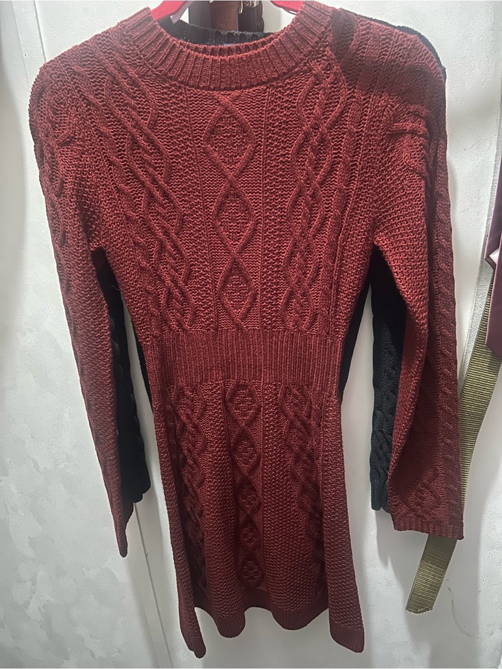 Pink Lily Cable Knit Crewneck Sweater Dress in burgundy